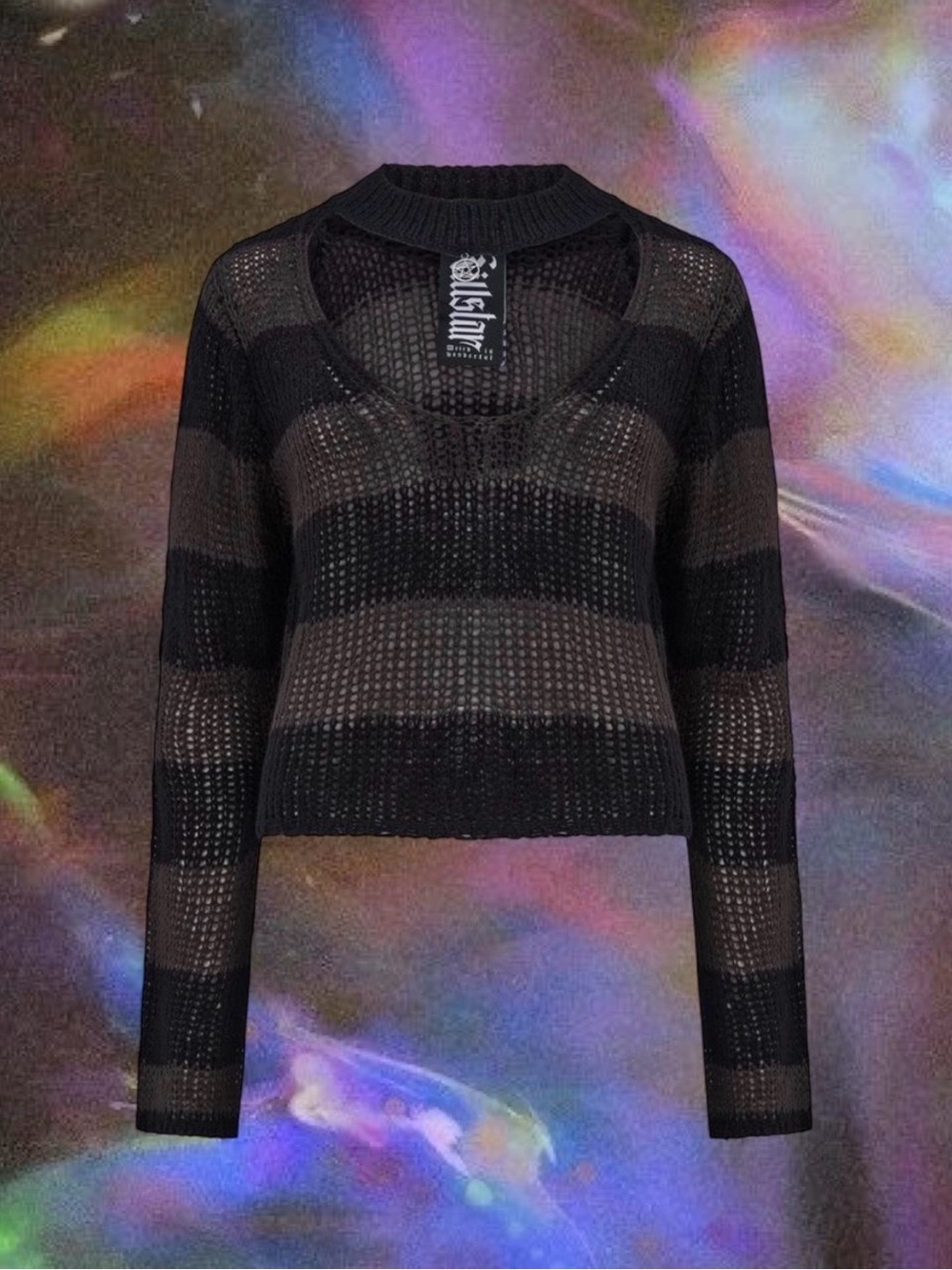 Killstar Striped Black and Gray Open-Knit V-Neck Sweater